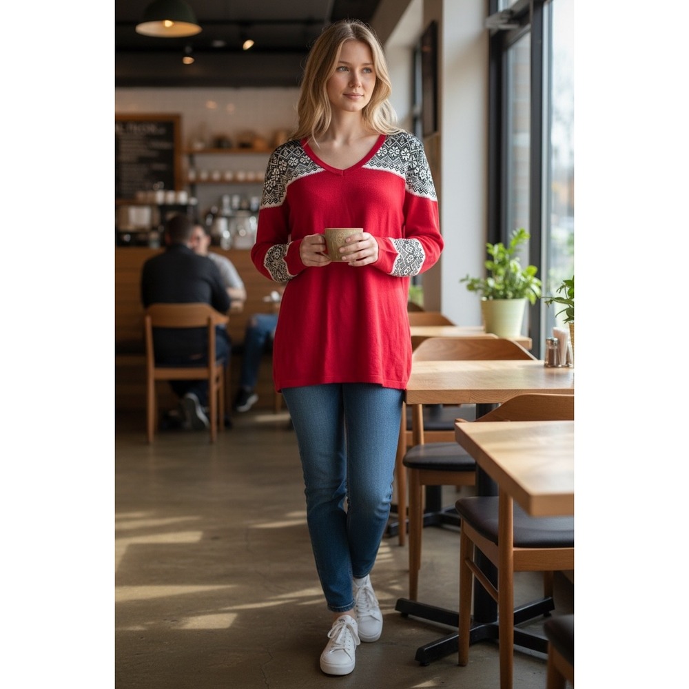 Tommy Hilfiger Red Fair Isle Nordic V-Neck Long Sleeve Sweater Tunic NWT Sz L